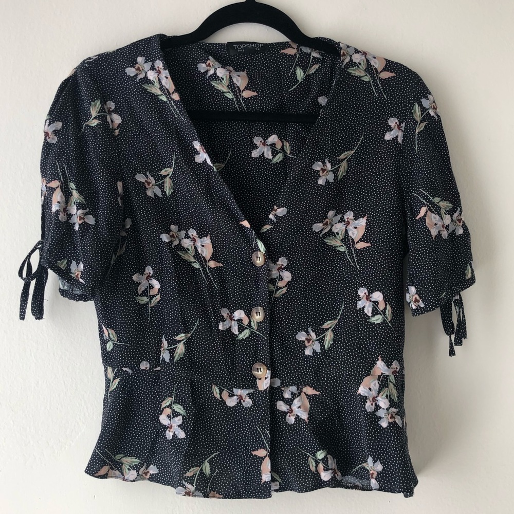 Topshop Button Up Dotted Floral Tie-Sleeve Blouse